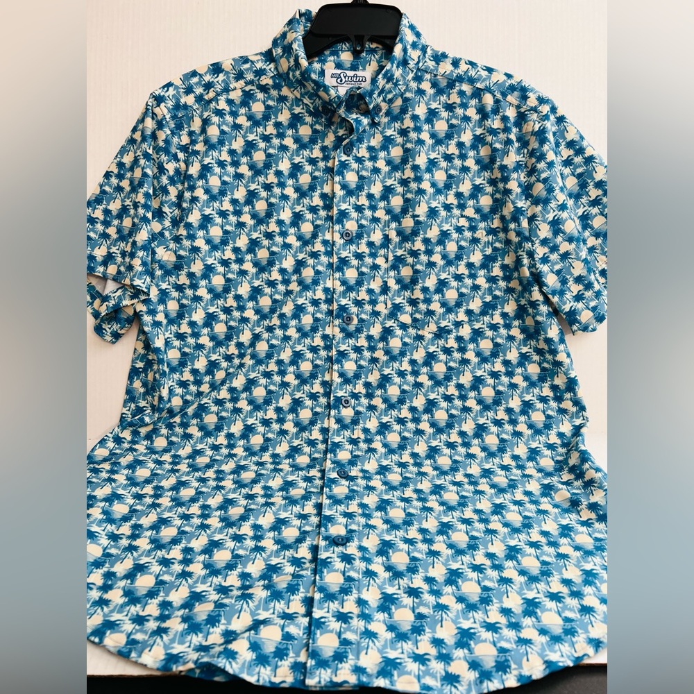 Mr.Swim Palm Tree Design Blue and White Casual Button Down Shirt